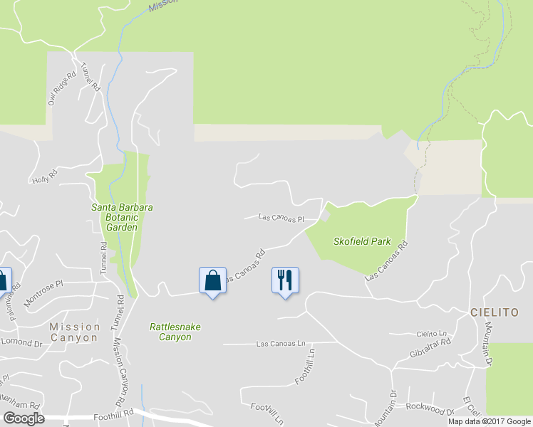 map of restaurants, bars, coffee shops, grocery stores, and more near 724 Las Canoas Place in Santa Barbara