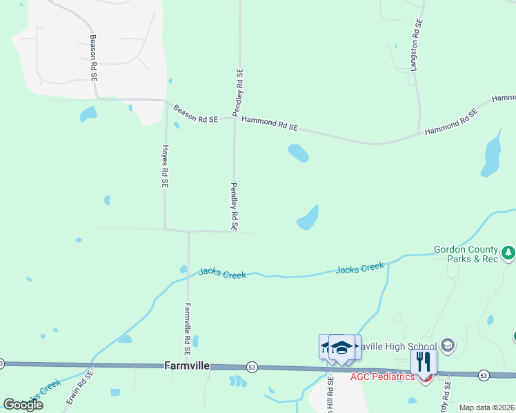 map of restaurants, bars, coffee shops, grocery stores, and more near 676 Pendley Road Southeast in Calhoun