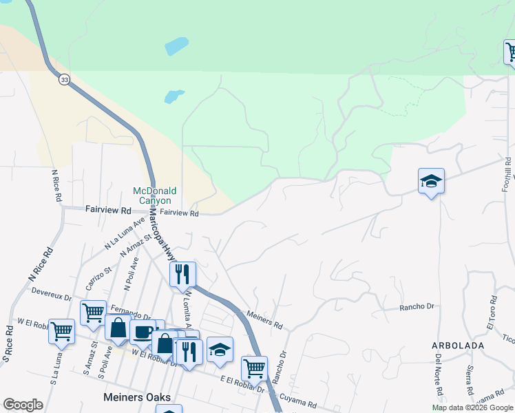 map of restaurants, bars, coffee shops, grocery stores, and more near 543 Fairview Road in Ojai