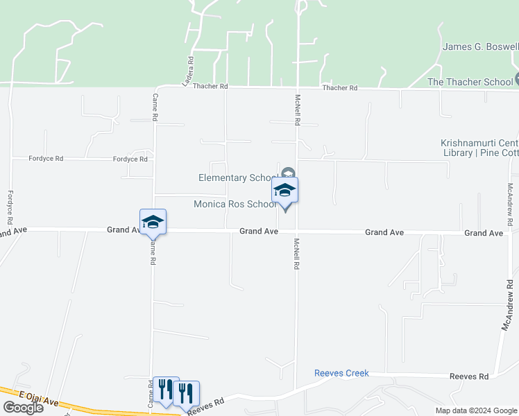 map of restaurants, bars, coffee shops, grocery stores, and more near 3900 Grand Avenue in Ojai