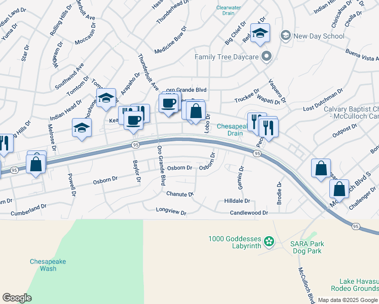 map of restaurants, bars, coffee shops, grocery stores, and more near 3210 Sweetwater Avenue in Lake Havasu City