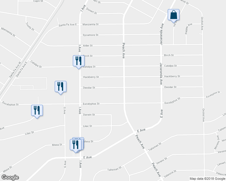 map of restaurants, bars, coffee shops, grocery stores, and more near 17933 Deodar Street in Hesperia
