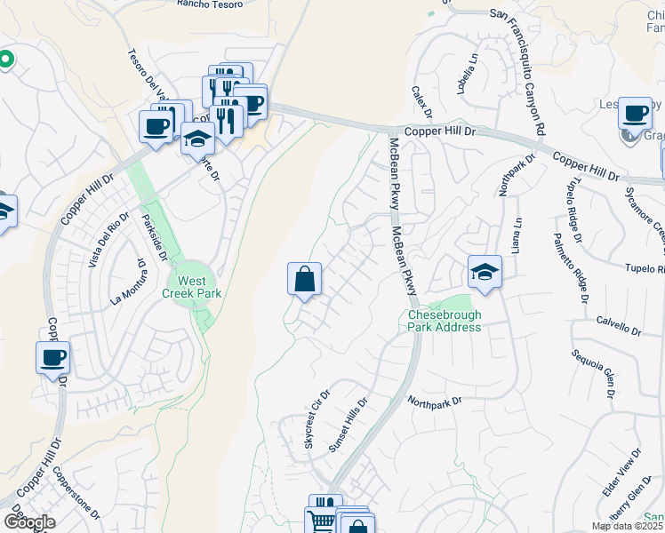 map of restaurants, bars, coffee shops, grocery stores, and more near 23824 Balsa Court in Santa Clarita