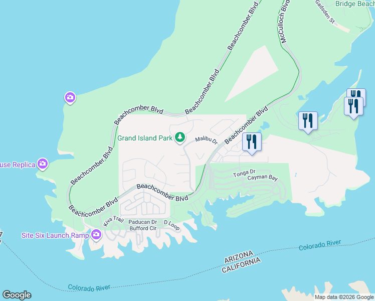 map of restaurants, bars, coffee shops, grocery stores, and more near 741 Malibu Drive in Lake Havasu City