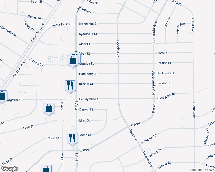 map of restaurants, bars, coffee shops, grocery stores, and more near 17933 Deodar Street in Hesperia