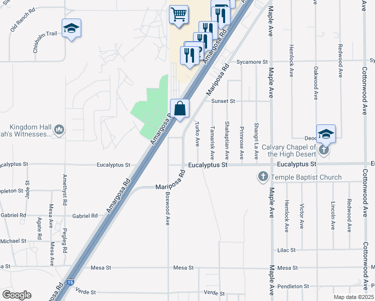 map of restaurants, bars, coffee shops, grocery stores, and more near 11355 Mariposa Road in Hesperia