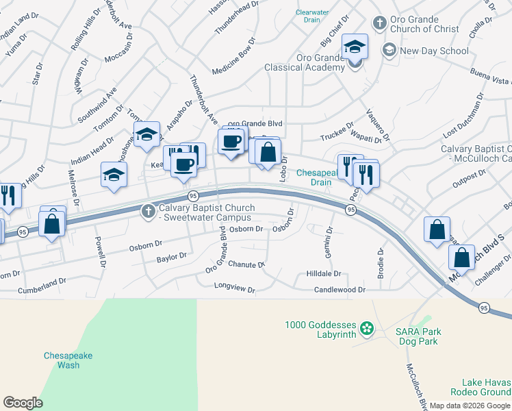 map of restaurants, bars, coffee shops, grocery stores, and more near 3210 Sweetwater Avenue in Lake Havasu City