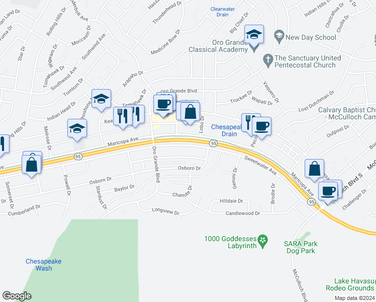 map of restaurants, bars, coffee shops, grocery stores, and more near 3210 Sweetwater Avenue in Lake Havasu City