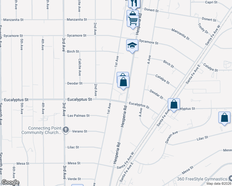 map of restaurants, bars, coffee shops, grocery stores, and more near 11343 1st Avenue in Hesperia
