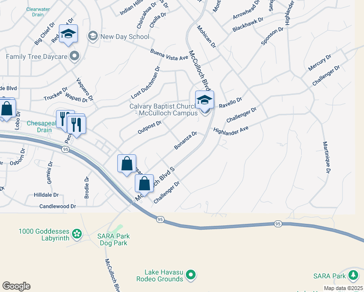 map of restaurants, bars, coffee shops, grocery stores, and more near 3726 Bonanza Drive in Lake Havasu City