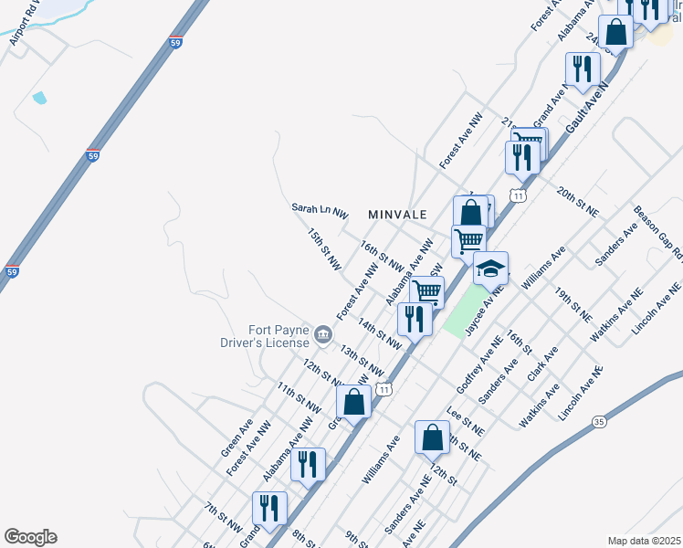 map of restaurants, bars, coffee shops, grocery stores, and more near 504 15th Street Northwest in Fort Payne