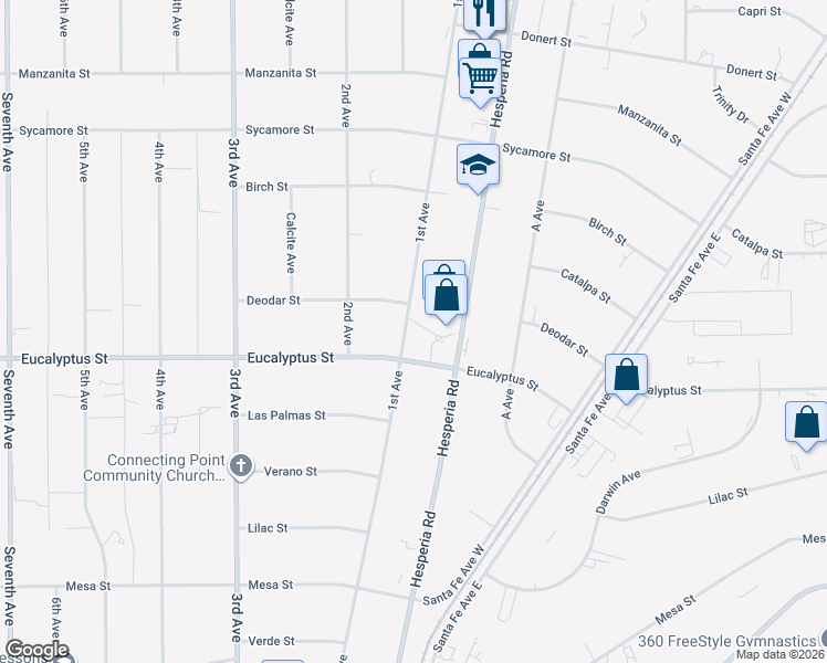 map of restaurants, bars, coffee shops, grocery stores, and more near 11343 1st Avenue in Hesperia