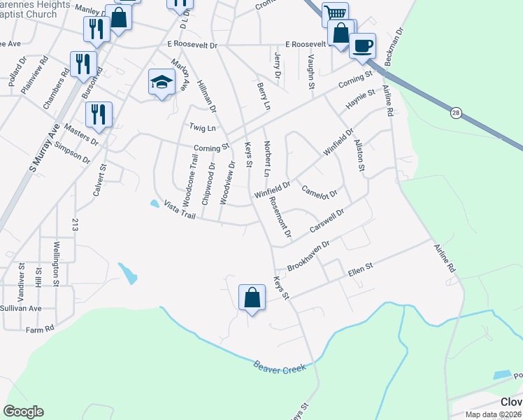 map of restaurants, bars, coffee shops, grocery stores, and more near 3537 Keys Street in Anderson