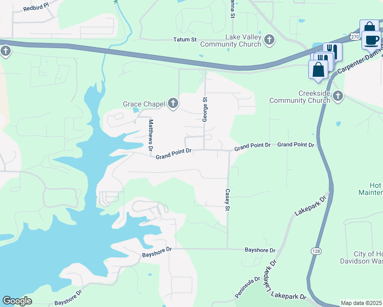 map of restaurants, bars, coffee shops, grocery stores, and more near 120 Grand Ridge Terrace in Hot Springs