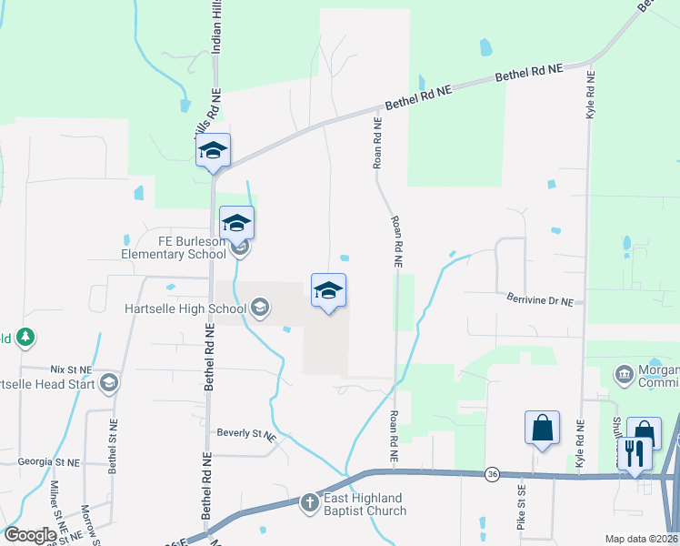 map of restaurants, bars, coffee shops, grocery stores, and more near 1100 Vines Drive in Hartselle