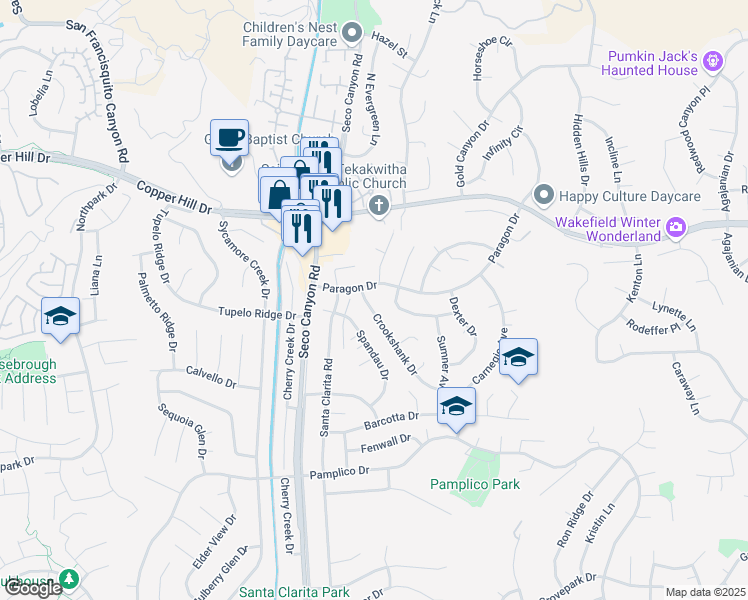 map of restaurants, bars, coffee shops, grocery stores, and more near 27848 Crookshank Drive in Santa Clarita