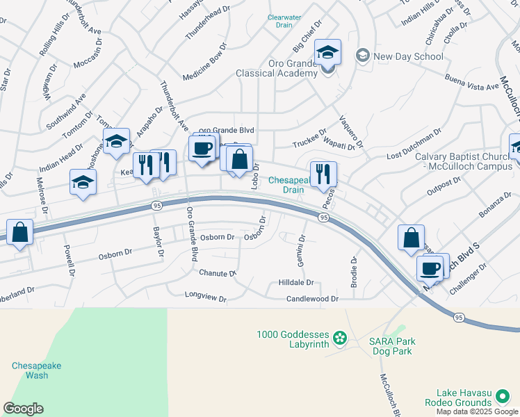 map of restaurants, bars, coffee shops, grocery stores, and more near 3290 Sweetwater Avenue in Lake Havasu City