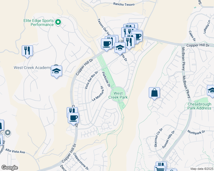 map of restaurants, bars, coffee shops, grocery stores, and more near 28623 Parkside Drive in Santa Clarita