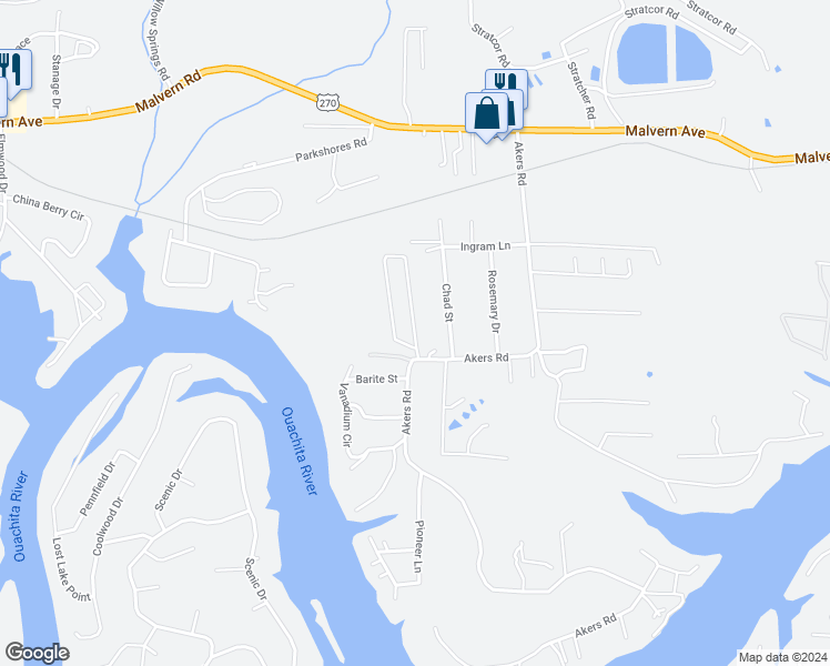 map of restaurants, bars, coffee shops, grocery stores, and more near 104 Leatherwood Loop in Garland County