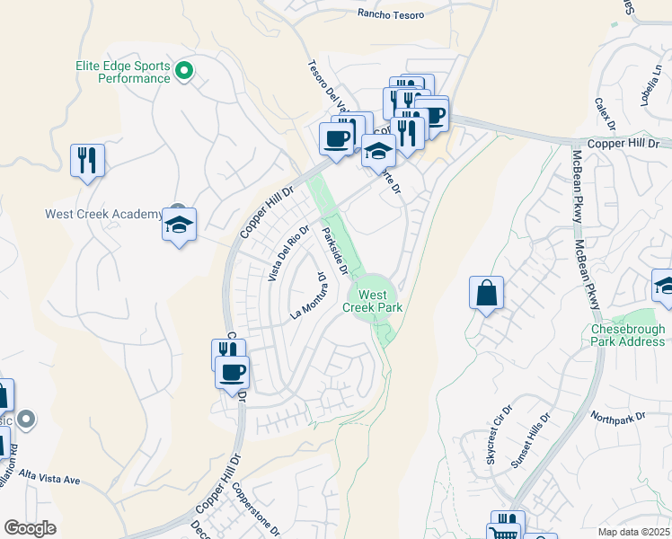 map of restaurants, bars, coffee shops, grocery stores, and more near 28623 Parkside Drive in Santa Clarita