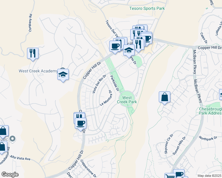 map of restaurants, bars, coffee shops, grocery stores, and more near 24302 La Montura Drive in Santa Clarita