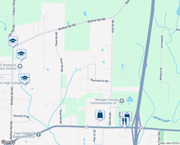 map of restaurants, bars, coffee shops, grocery stores, and more near 1406 Berrivine Drive Northeast in Hartselle