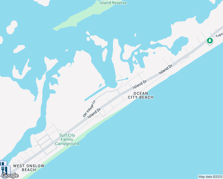 map of restaurants, bars, coffee shops, grocery stores, and more near 151 Old Village Lane in North Topsail Beach