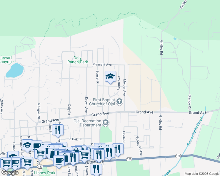 map of restaurants, bars, coffee shops, grocery stores, and more near 913 Mountain View Avenue in Ojai