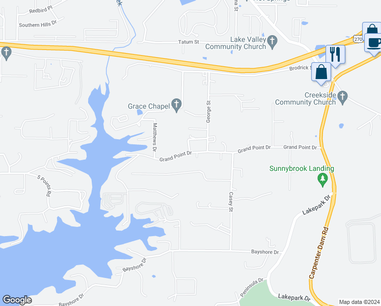 map of restaurants, bars, coffee shops, grocery stores, and more near 379 Grand Point Drive in Garland County