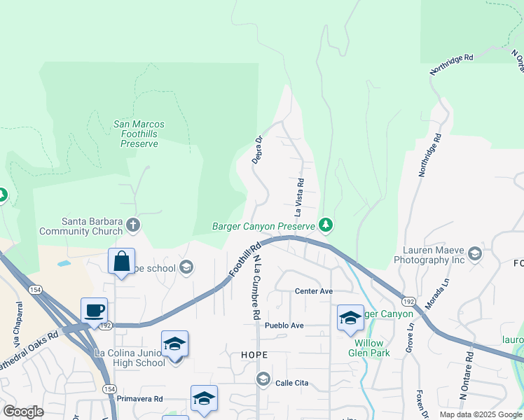map of restaurants, bars, coffee shops, grocery stores, and more near 959 Debra Drive in Santa Barbara