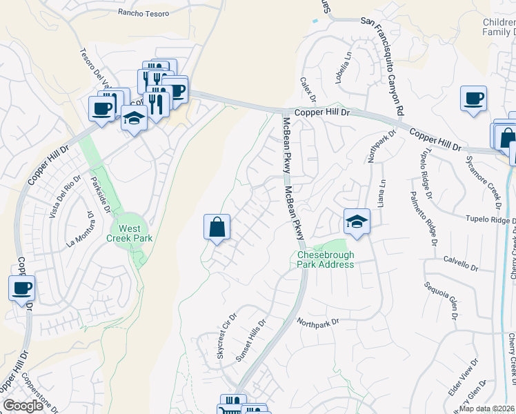 map of restaurants, bars, coffee shops, grocery stores, and more near 23785 Western Cedar Court in Santa Clarita