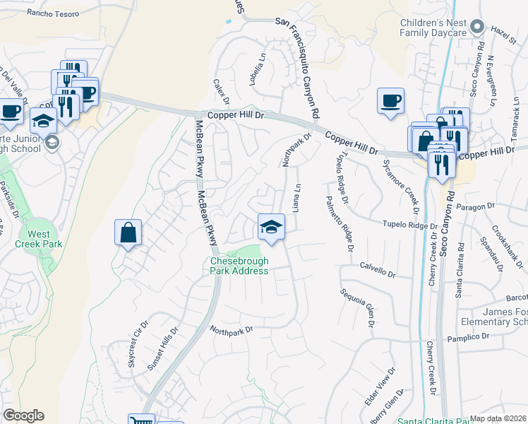 map of restaurants, bars, coffee shops, grocery stores, and more near 23307 West Anacapa Lane in Santa Clarita