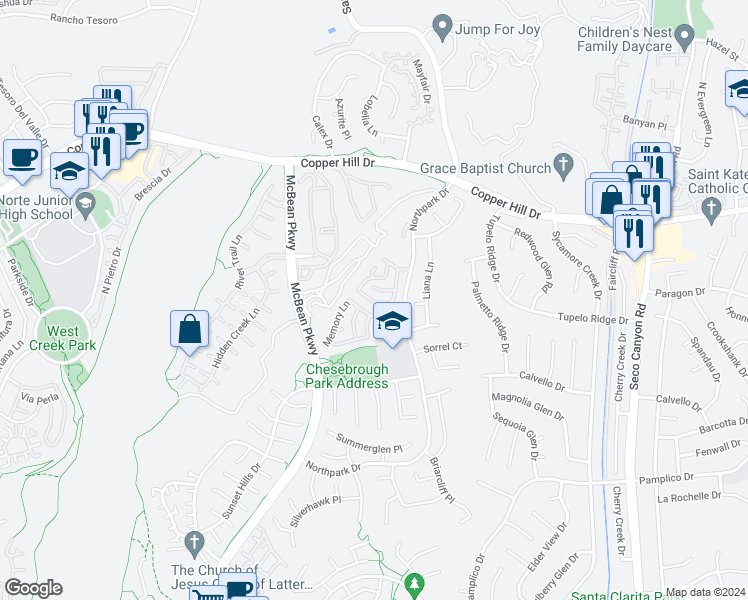 map of restaurants, bars, coffee shops, grocery stores, and more near 23312 West Anacapa Lane in Santa Clarita