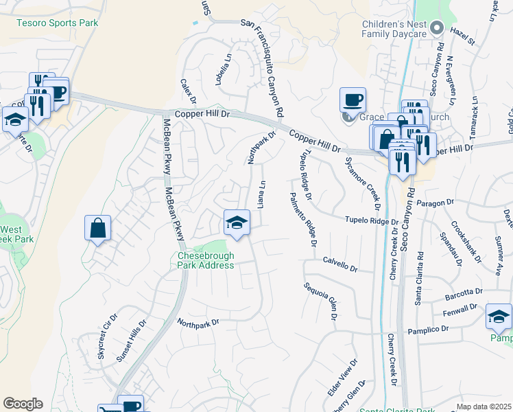 map of restaurants, bars, coffee shops, grocery stores, and more near 28044 Liana Lane in Santa Clarita