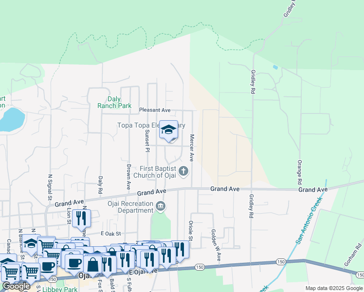 map of restaurants, bars, coffee shops, grocery stores, and more near Ayers Avenue & Mountain View Avenue in Ojai