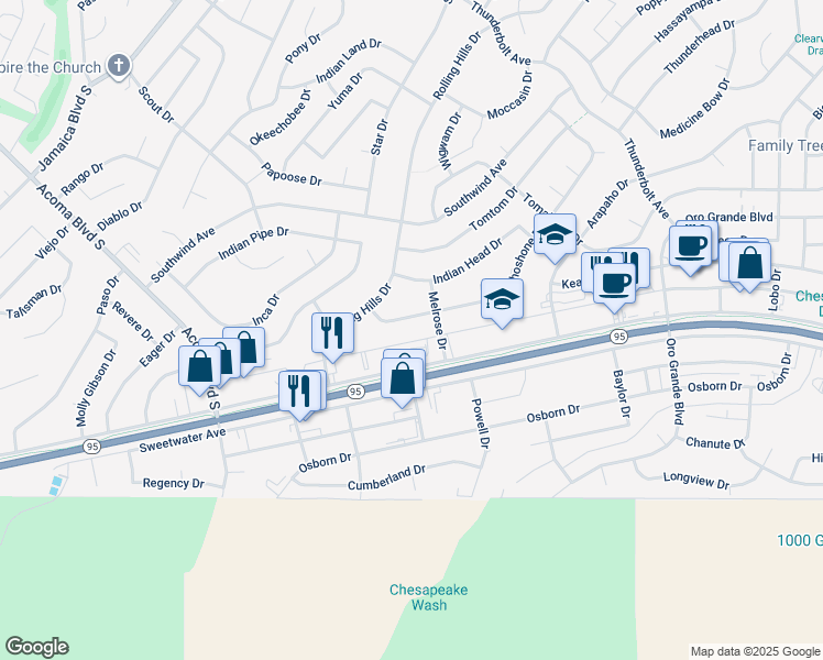 map of restaurants, bars, coffee shops, grocery stores, and more near 3057 Shoshone Drive in Lake Havasu City