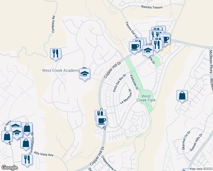 map of restaurants, bars, coffee shops, grocery stores, and more near 28590 Herrera Street in Santa Clarita