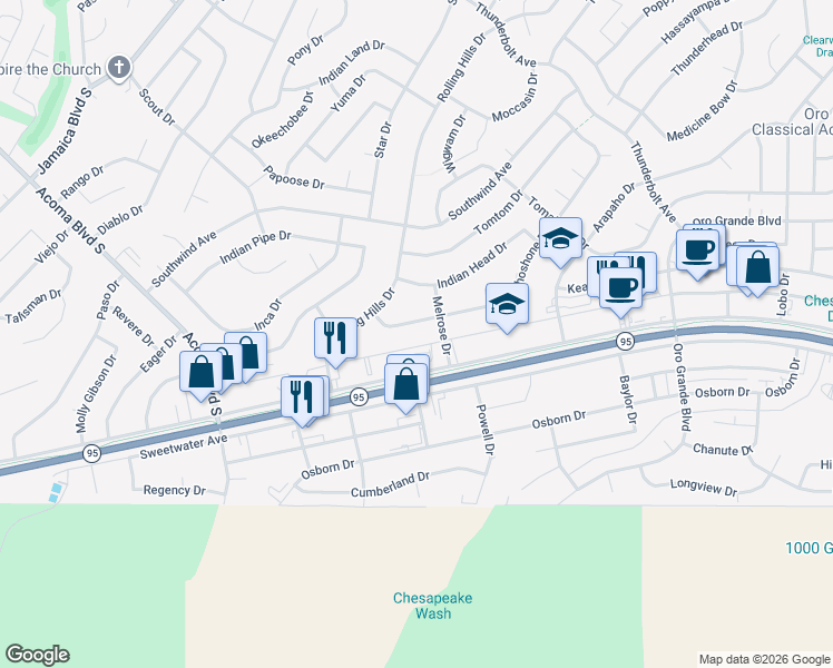 map of restaurants, bars, coffee shops, grocery stores, and more near 3057 Shoshone Drive in Lake Havasu City