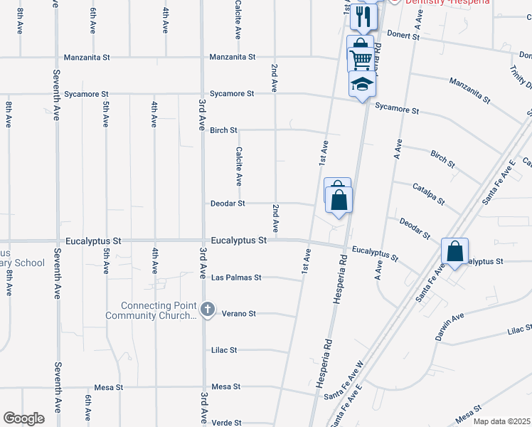 map of restaurants, bars, coffee shops, grocery stores, and more near 16675 Deodar Street in Hesperia