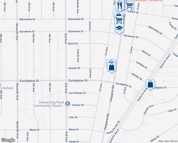 map of restaurants, bars, coffee shops, grocery stores, and more near 16675 Deodar Street in Hesperia