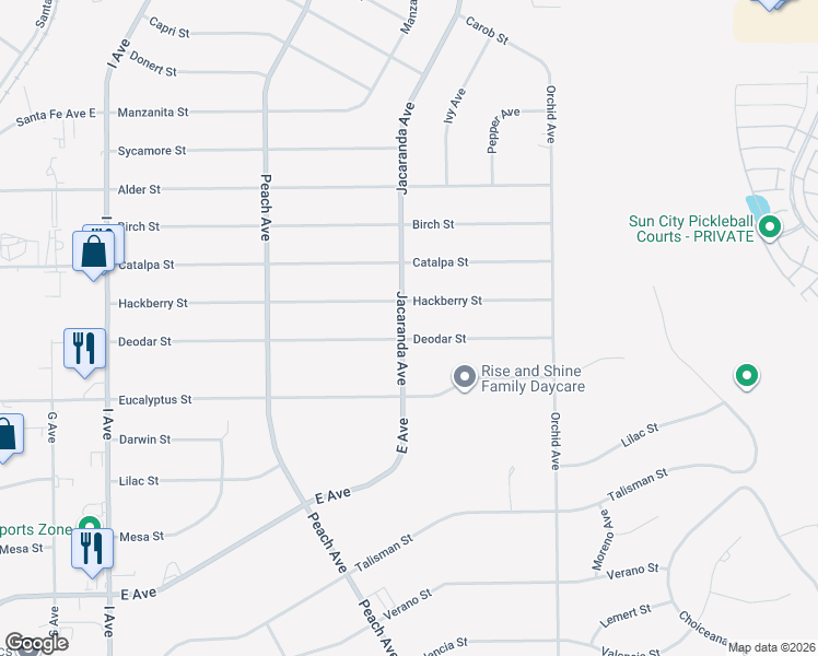 map of restaurants, bars, coffee shops, grocery stores, and more near 11389 Jacaranda Avenue in Hesperia