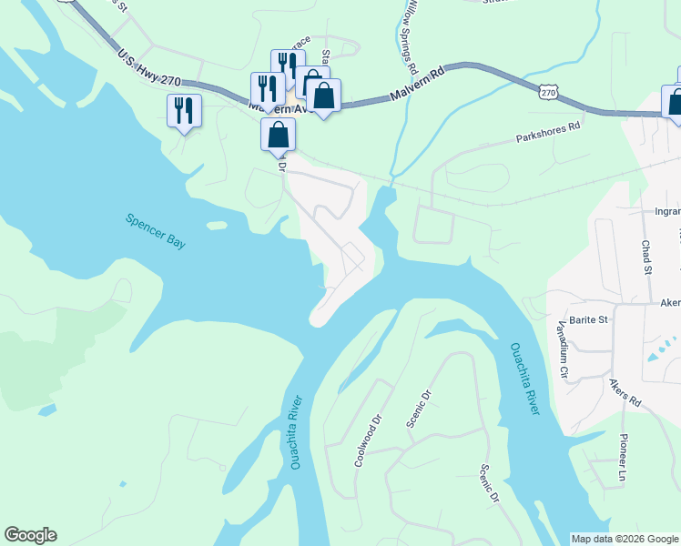 map of restaurants, bars, coffee shops, grocery stores, and more near 160 Riverview Way in Hot Springs