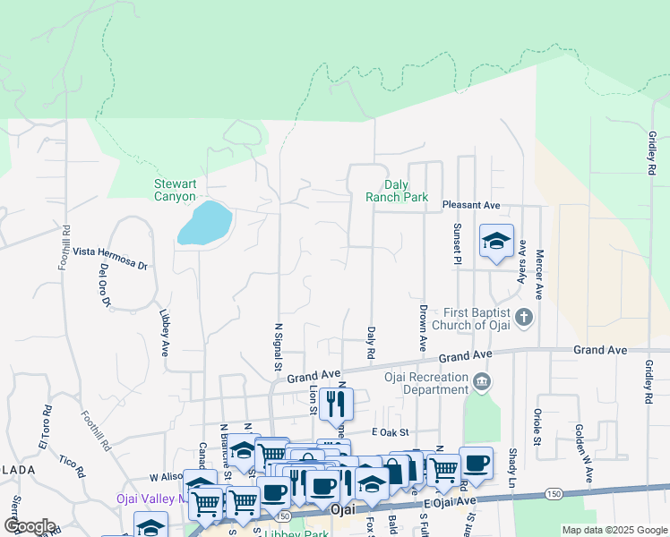 map of restaurants, bars, coffee shops, grocery stores, and more near 1101 North Montgomery Street in Ojai