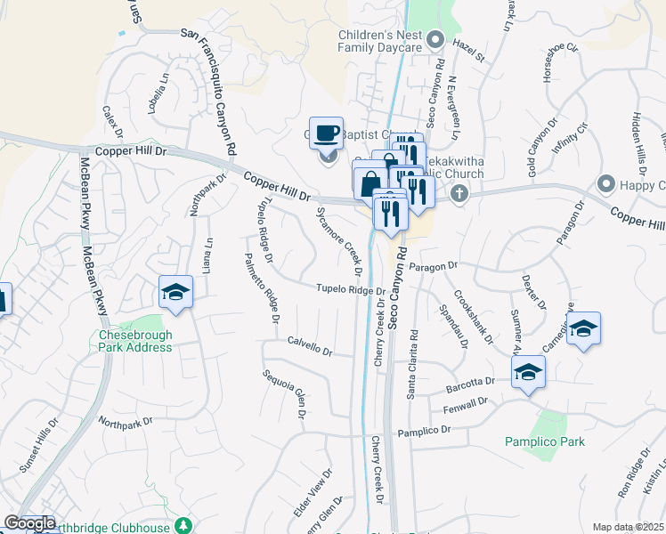 map of restaurants, bars, coffee shops, grocery stores, and more near 27837 Spruce Creek Circle in Santa Clarita
