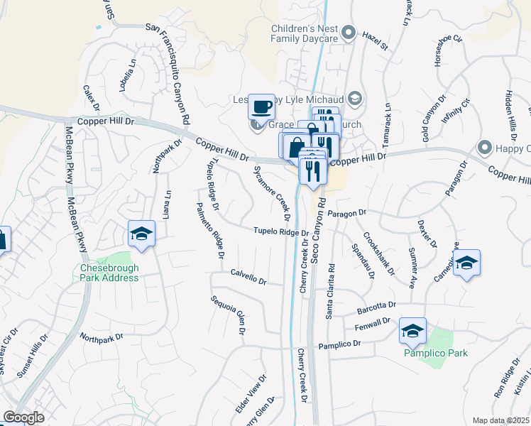 map of restaurants, bars, coffee shops, grocery stores, and more near 27837 Spruce Creek Circle in Santa Clarita
