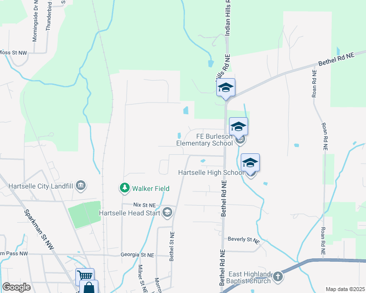 map of restaurants, bars, coffee shops, grocery stores, and more near 1103 Highland Court Northeast in Hartselle