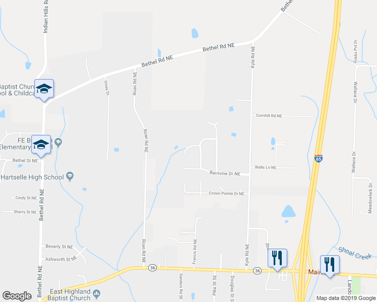 map of restaurants, bars, coffee shops, grocery stores, and more near 1306 Spring Branch Drive Northeast in Hartselle