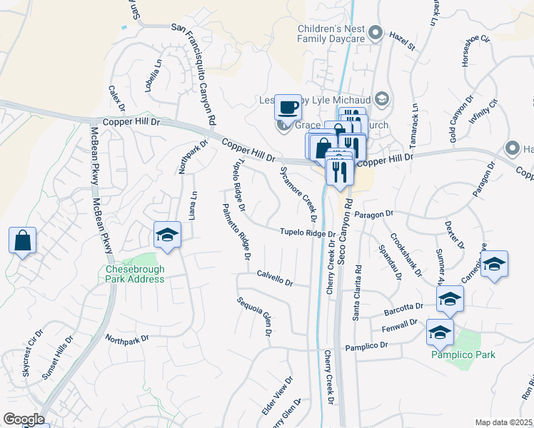 map of restaurants, bars, coffee shops, grocery stores, and more near 27917 Redwood Glen Road in Santa Clarita