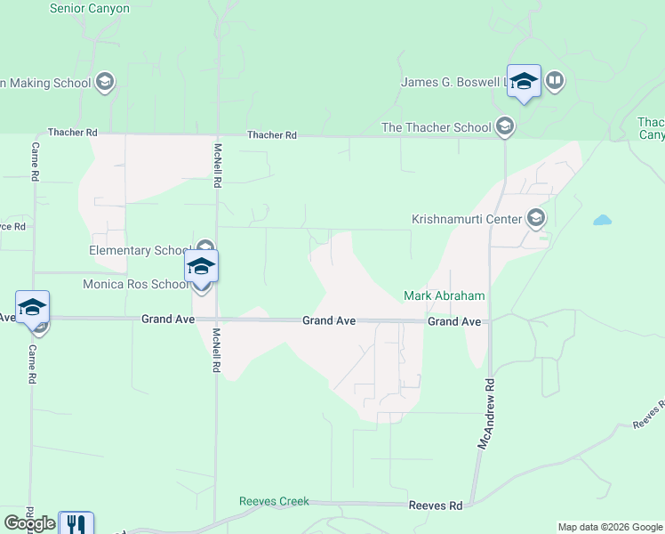 map of restaurants, bars, coffee shops, grocery stores, and more near 4215 Hendrickson Road in Ojai