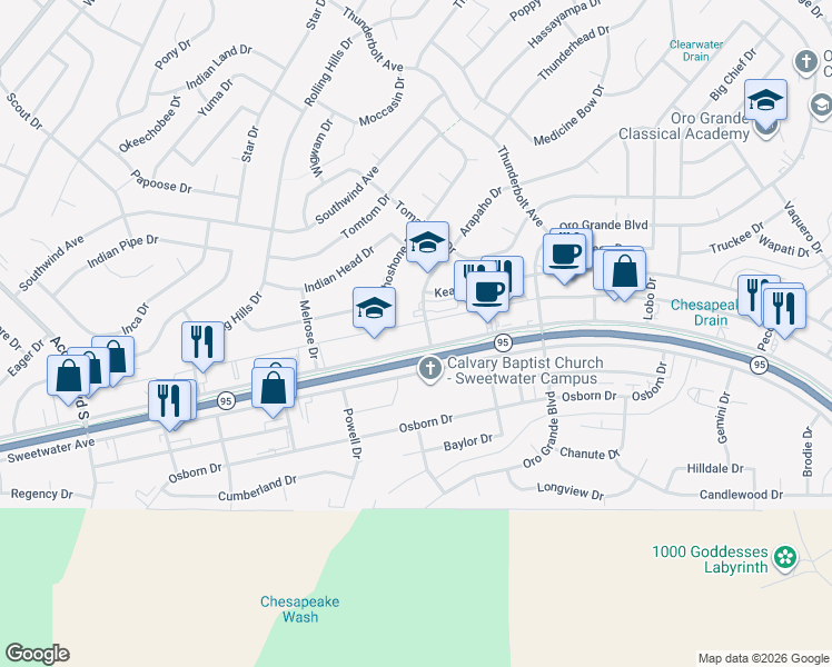 map of restaurants, bars, coffee shops, grocery stores, and more near 3163 Maricopa Avenue in Lake Havasu City